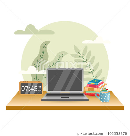 Work desk illustration. Table, alarm, laptop, books, cup. Editable vector graphic design. 103358876