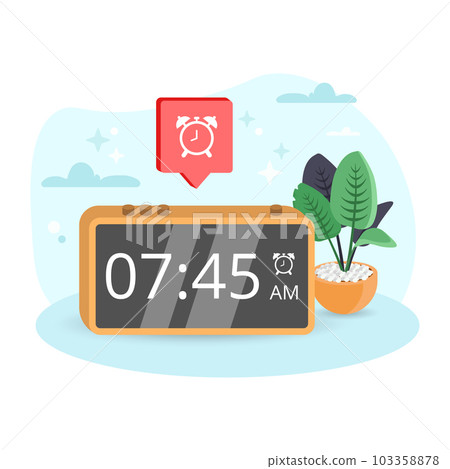 Alarm illustration. Clock, numbers, time, plant, pot. Editable vector graphic design. 103358878