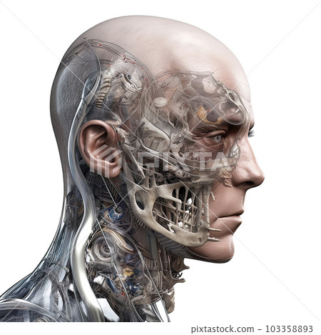 A close-up view of a cyborg head. Generative A.I. A close-up view of a cyborg head. Generative A.I. 103358893