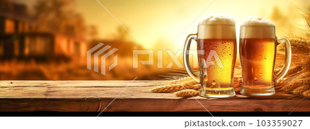 two glass of draft beer with foam on a wooden table, banner with copy space, made with Generative AI 103359027