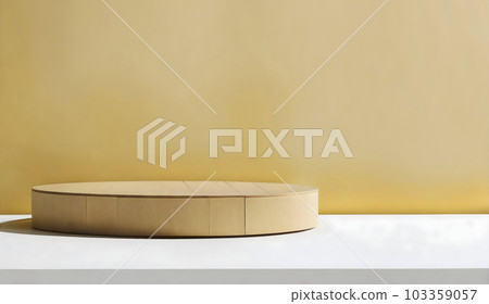 Round wooden podium, cylinder shape for product presentation on a beige background 103359057