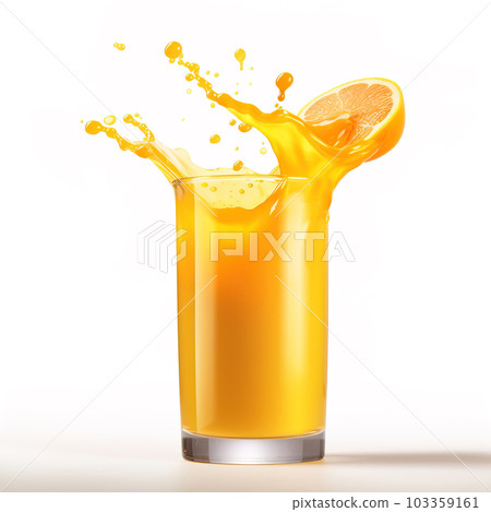 Half orange splashing into a glass full of orange joice. Generative A.I. 103359161