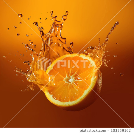half orange with juice splashing over it. generative, ai 103359162