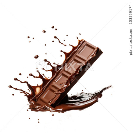 chocolate bar with liquid chocolate splash on it. On white background 103359174