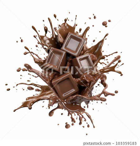 Chocolate cube blocks splashing into a liquid chocolate splash. Generative A.I. Chocolate cube blocks splashing into a liquid chocolate splash. Generative A.I. 103359183