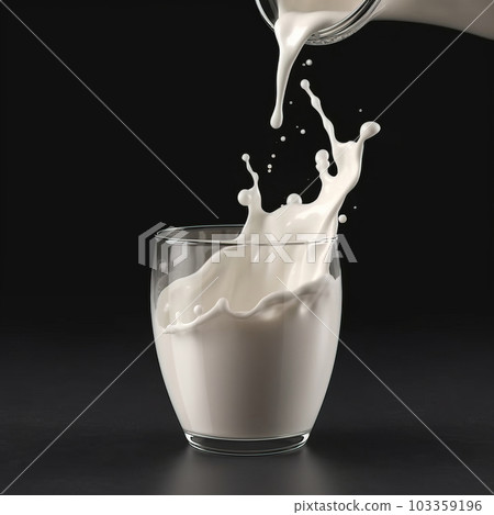 jug pouring milk into a glass forming a splash. On a black background; Generative A.I. jug pouring milk into a glass forming a splash. On a black background; Generative A.I. 103359196