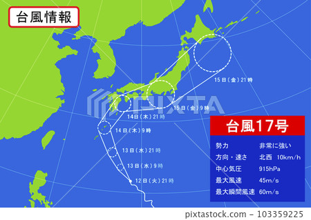 Typhoon information for weather forecast. An illustration of the predicted course of a typhoon that hits the Japanese archipelago. 103359225