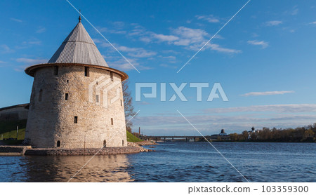 Coastal round stone tower of the Kremlin of Pskov in Russia 103359300