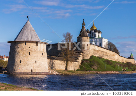 Pskov Kremlin, landscape photo with the ancient coastal fortification 103359301