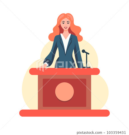 Young woman in a suit behind the podium during a speech. Smiling female leader Young woman in a suit behind the podium during a speech. Smiling female leader 103359431