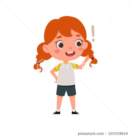 Cute little kid girl with red hair and great idea. Cartoon schoolgirl character show facial expression. Vector illustration 103359634