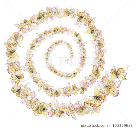 Delicate yellow butterflies fly out of the old county house. Horizontal board, watercolor illustration. For the design and decoration of postcards, posters, stickers, wallpapers, banners, souvenirs. Delicate yellow butterflies fly out of the old county house. Horizontal board, watercolor illustration. For the design and decoration of postcards, posters, stickers, wallpapers, banners, souvenirs. 103359681