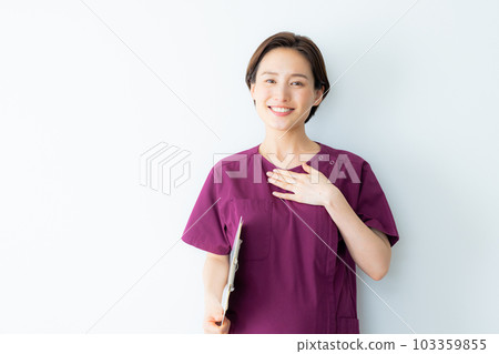 A woman in a wine red scrub A woman in a wine red scrub 103359855