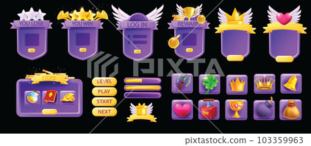 3D UI game asset set, button GUI interface vector design elements, mobile video app icon menu kit.  103359963