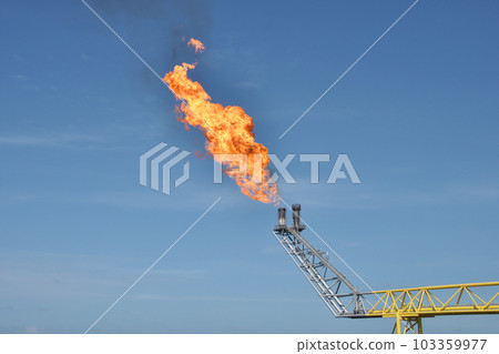 Offshore construction platform for production oil and gas. Oil and gas industry and hard work. Production platform and operation process by manual and auto function from control room. 103359977