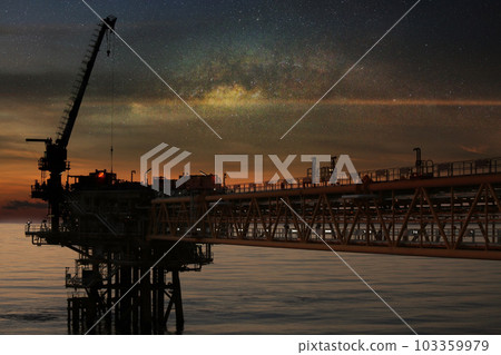Offshore construction platform for production oil and gas. Oil and gas industry and hard work. Production platform and operation process by manual and auto function from control room. 103359979