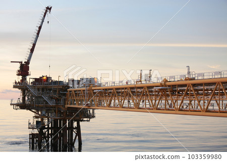 Offshore construction platform for production oil and gas. Oil and gas industry and hard work. Production platform and operation process by manual and auto function from control room. 103359980