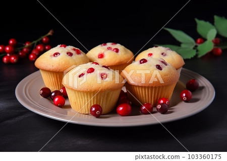 Muffins on plate with blueberries 103360175