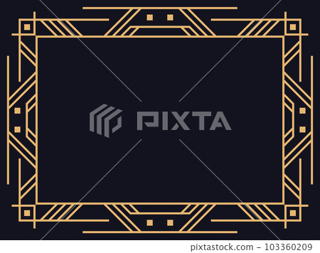 Art deco frame. Line art frame in gold color on a black background. Vintage linear border. Create a template for invitations, flyers and greeting cards. Style 1920s - 1930s. Vector illustration 103360209