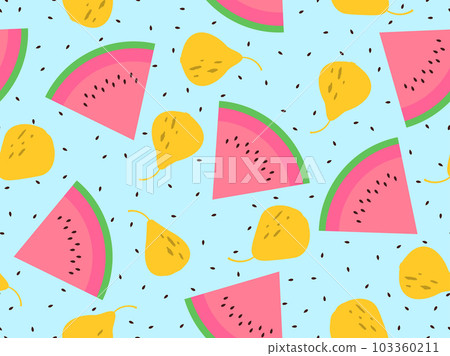 Seamless pattern with watermelon and pears on a background of scattered seeds. Slice of watermelon with seeds. Wallpaper design, paper printing, promotional materials. Vector illustration Seamless pattern with watermelon and pears on a background of scattered seeds. Slice of watermelon with seeds. Wallpaper design, paper printing, promotional materials. Vector illustration 103360211