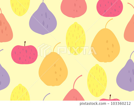 Seamless pattern with lemons, pears and apples on a yellow background. Summer fruit mix pattern. Design for printing on fabric, paper and banners. Vector illustration Seamless pattern with lemons, pears and apples on a yellow background. Summer fruit mix pattern. Design for printing on fabric, paper and banners. Vector illustration 103360212