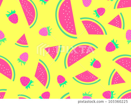 Seamless pattern with watermelon and strawberries in a minimalist style. Slices of watermelon with seeds. Summer background. Wallpaper design, paper printing and poster. Vector illustration Seamless pattern with watermelon and strawberries in a minimalist style. Slices of watermelon with seeds. Summer background. Wallpaper design, paper printing and poster. Vector illustration 103360225