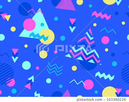 Memphis seamless pattern with geometric shapes in 80s style. Colorful geometric pattern. Design of promotional products, wrapping paper and printing. Vector illustration Memphis seamless pattern with geometric shapes in 80s style. Colorful geometric pattern. Design of promotional products, wrapping paper and printing. Vector illustration 103360226