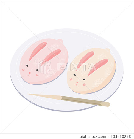 Bunny Mochi Mooncakes on plate with chopstick. Bunny Mochi Mooncakes on plate with chopstick. 103360238