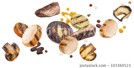 Grilled beef slices and vegetables isolated on white background Grilled beef slices and vegetables isolated on white background 103360523