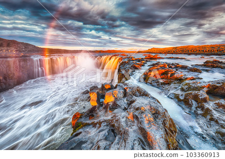 Breathtaking view of fantastic waterfall and cascades of Selfoss waterfall. Breathtaking view of fantastic waterfall and cascades of Selfoss waterfall. 103360913