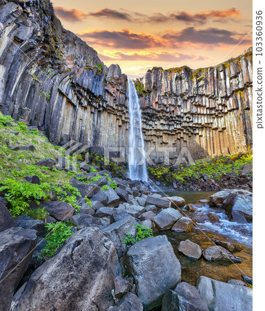 Breathtaking view of Svartifoss waterfall with basalt columns on South Iceland. 103360936