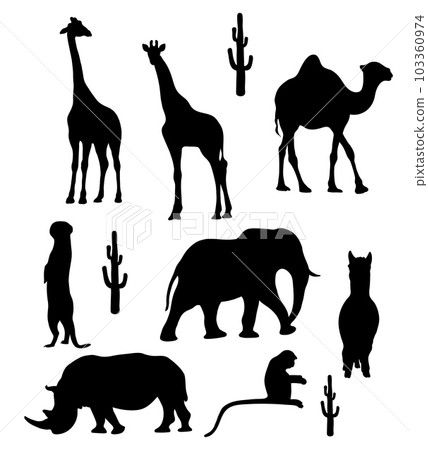 Collection silhouettes of tropical wild African animals. Vector illustration. Isolated hand drawings rhinoceros, giraffe, meerkat, camel, monkey, elephant, llama on white background for design. Collection silhouettes of tropical wild African animals. Vector illustration. Isolated hand drawings rhinoceros, giraffe, meerkat, camel, monkey, elephant, llama on white background for design. 103360974