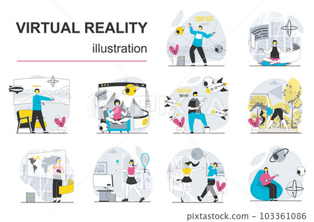 Virtual reality concept with character situations mega set. Bundle of scenes people in VR headset working, training, making research, learning in cyberspace. Vector illustrations in flat web design Virtual reality concept with character situations mega set. Bundle of scenes people in VR headset working, training, making research, learning in cyberspace. Vector illustrations in flat web design 103361086