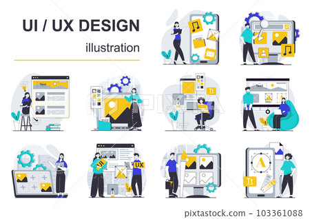 UI UX design concept with character situations mega set. Bundle of scenes people creating user interface layout for mobile phones and editing website templates. Vector illustrations in flat web design UI UX design concept with character situations mega set. Bundle of scenes people creating user interface layout for mobile phones and editing website templates. Vector illustrations in flat web design 103361088