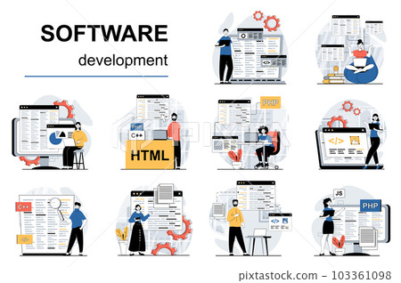 Software development concept with character situations mega set. Bundle of scenes people coding and testing program code, creating apps, working on computer. Vector illustrations in flat web design Software development concept with character situations mega set. Bundle of scenes people coding and testing program code, creating apps, working on computer. Vector illustrations in flat web design 103361098
