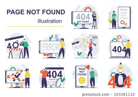 Page not found concept with character situations mega set. Bundle of scenes people having problems with connection, seeing error text or 404 mistake on screens. Vector illustrations in flat web design 103361110