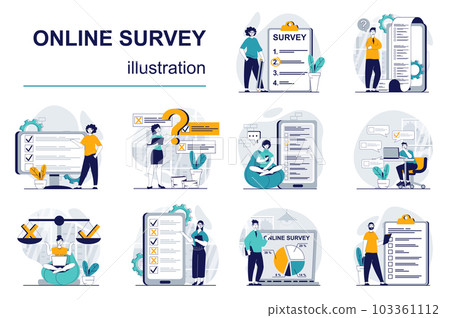 Online survey concept with character situations mega set. Bundle of scenes people giving feedback and answering in questionnaire, gilling survey list form. Vector illustrations in flat web design 103361112