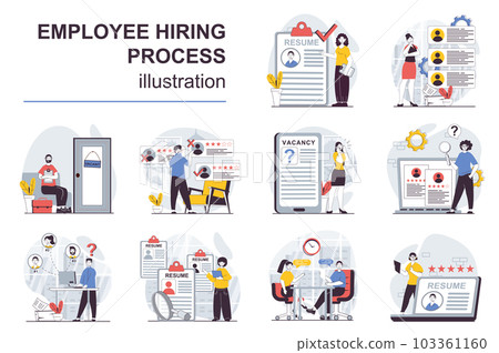 Employee hiring process concept with character situations mega set. Bundle of scenes people choosing best applicant resume to vacancy, find human resources. Vector illustrations in flat web design Employee hiring process concept with character situations mega set. Bundle of scenes people choosing best applicant resume to vacancy, find human resources. Vector illustrations in flat web design 103361160