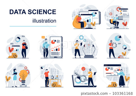 Data science concept with character situations mega set. Bundle of scenes people, making science research, working with datum charts, searching information. Vector illustrations in flat web design 103361168