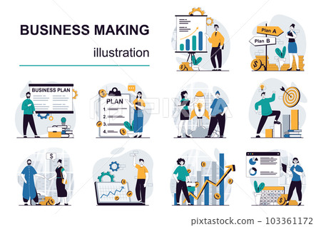 Business making concept with character situations mega set. Bundle of scenes people planning strategy, investing money, developing project and launch company. Vector illustrations in flat web design 103361172