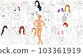 Prom Dress Coloring Page Paper Doll with Clothes, Hairstyles and Accessories. Vector Illustration 103361919