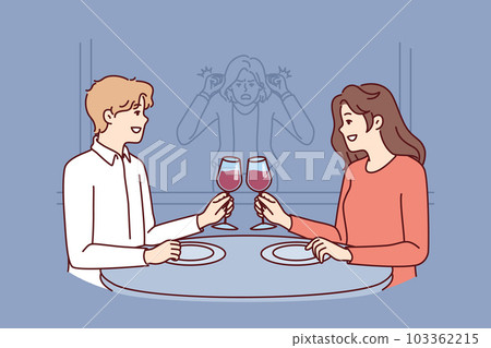 Stalker girl is watching date of former boyfriend drinking wine in restaurant with new girlfriend 103362215