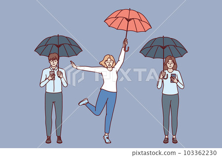 Digital addiction free woman near friends with umbrellas and phones using social media Digital addiction free woman near friends with umbrellas and phones using social media 103362230