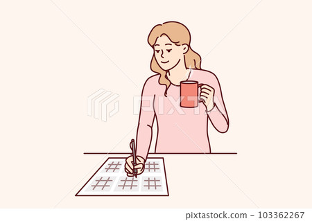 Woman solves sudoku puzzle and drinks hot tea enjoying math brain teasers demonstrates high IQ Woman solves sudoku puzzle and drinks hot tea enjoying math brain teasers demonstrates high IQ 103362267
