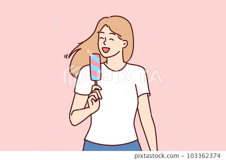 Woman eats ice cream to cool off in hot summer weather and enjoy cold sweet dessert Woman eats ice cream to cool off in hot summer weather and enjoy cold sweet dessert 103362374