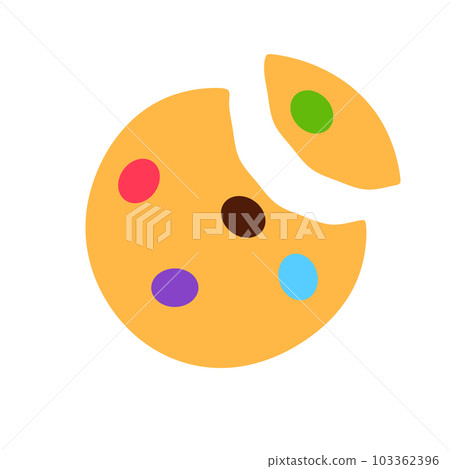 Cookie with colorful candy and missing bite isolated on white background. Gourmet crispy meal sign or logo flat design. Baked wholemeal wheat broken dessert. Yummy breakfast food vector illustration. 103362396