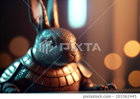 Rabbit samurai in traditional drawing style. Japanese styled art with hare warrior in kimono. Generated AI. 103362445