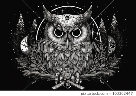 Wild owl with mystic design elements. Occult wise bird black and white symbol in vintage style. Generated AI 103362447