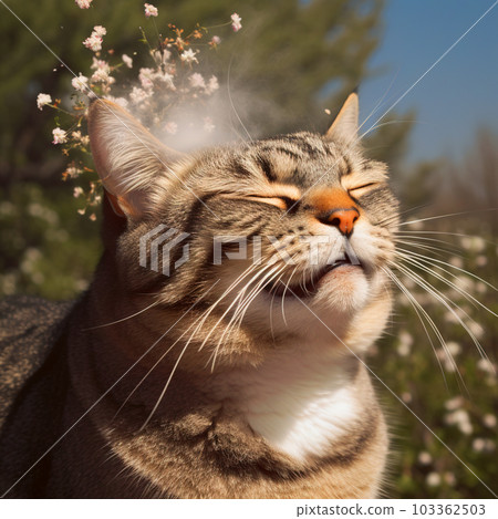 Cat sneezing after smelling flowers. Allergy metaphor with funny kitten. Generated AI. 103362503