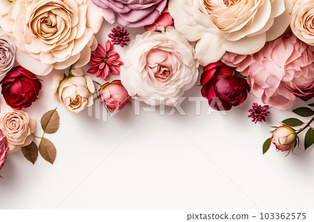 Beautiful rose flowers on white background, copy space, top view. Generative AI illustration Beautiful rose flowers on white background, copy space, top view. Generative AI illustration 103362575
